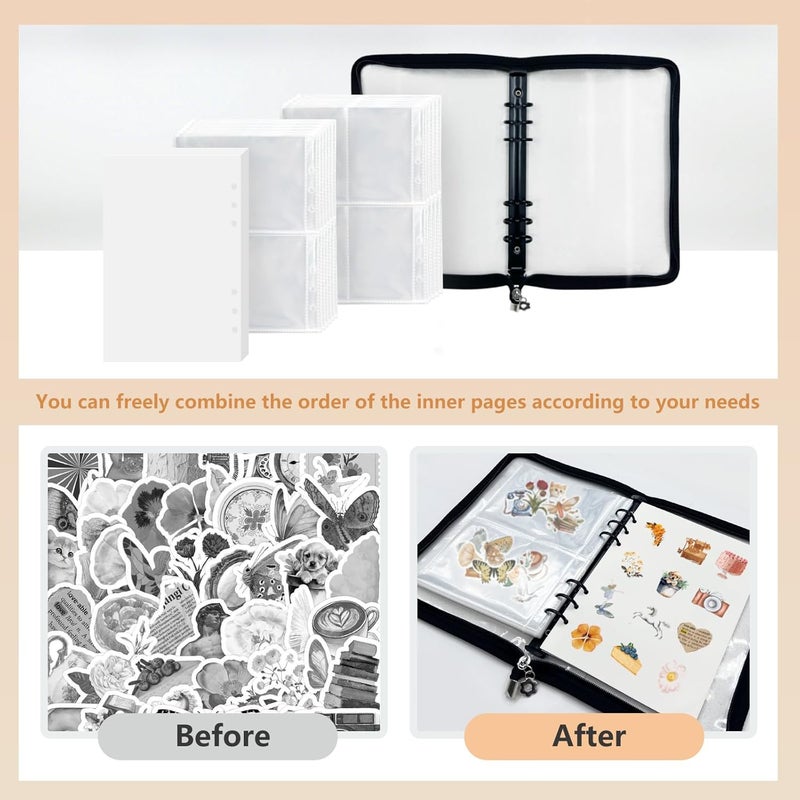 NOCAFI Sticker Storage Organizer Binder A5 Sticker Collecting Book Zipper Album for Adult with Blank Reusable Release Paper and Pocket Pages (Black) - Image 5